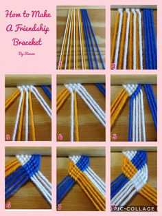 instructions for how to make a weaving bracelet with blue, white and yellow yarns