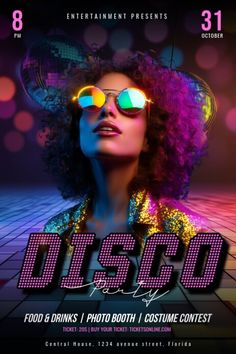 disco flyer template with woman wearing sunglasses