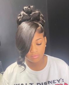 Black Updo Hairstyles With Weave, Prom Updos For Black Women, Bridesmaid Black Hairstyles, Curled Bun Hairstyles Prom, Messy Bun Black Women Weave, Up Dos For Prom Black People, 8th Grade Prom Hairstyles Black, Pincurl Ponytail Updo Black Women, Pin Curl Ponytail Updo Black Hair