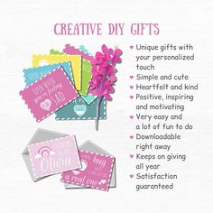 some cards and tags with the words creative diy gifts