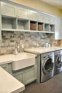 two pictures of the same kitchen and laundry room in one photo, each with their own washer and dryer