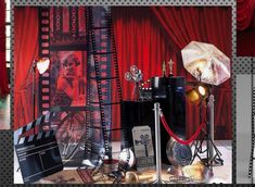 a collage of various items including an umbrella, film reel and other things in front of a red curtain