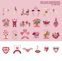 valentine's day graphics with hearts, flowers and other items on pink background for use in greeting cards or scrapbooking