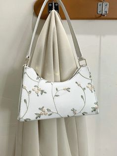 Floral Embroidered Baguette Bag  - Women Shoulder Bags White Rectangular Baguette Bag For Spring, Spring Rectangular Shoulder Bag With Floral Embroidery, Trendy Embroidered Shoulder Bag For Daily Use, Embroidered Rectangular Shoulder Bag For Spring, Trendy Embroidered Rectangular Shoulder Bag, Trendy Embroidered Beige Shoulder Bag, Trendy Embroidered Shoulder Bag, Trendy Beige Embroidered Shoulder Bag, Spring Embroidered Rectangular Shoulder Bag