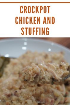 crockpot chicken and stuffing on a white plate with a spoon in it,