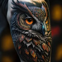 an owl tattoo on the arm with orange eyes and black feathers is shown in this image