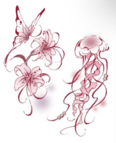 two drawings of flowers and butterflies on a white background, one is drawn with red ink