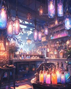 a room filled with lots of lanterns and lights hanging from the ceiling next to a bar