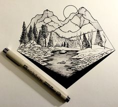 a drawing of mountains and trees with a river in the foreground, surrounded by pencils