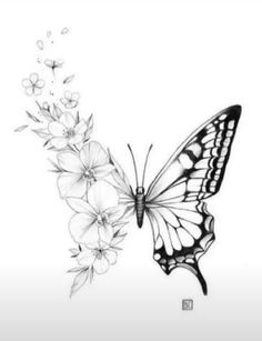 a black and white drawing of a butterfly with flowers in it's back end