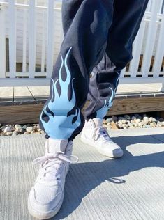 Black sweatpants with light blue flames View shop for other color options (blue, red, pink, black, and white) For any customizations, colors or sizing please feel free to message Alt Sweatpants Outfit, Customized Sweatpants, Colorful Sweatpants, Sweatpants Aesthetic, Cool Sweatpants, Trendy Sweatpants, Custom Sweatpants, Reworked Clothes, Cute Sweats