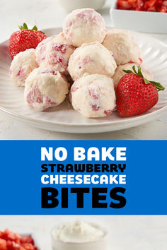 no bake strawberry cheesecake bites on a plate