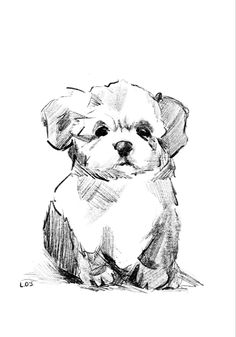 a black and white drawing of a puppy sitting on the ground with its eyes closed