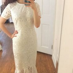 Perfect For An Engagement Party! Feminine Midi Dress With An Intricate Crocheted Floral Lace Allover, And A Soft Lining. Short Sleeves With A Concealed Back Zip With Hook And Eye Closure. High-Low Fishtail Hem. Unlined Sleeves With A Delicate Trim Around The Neckline And Sleeves Approx Measurements Length 45”/50” Sleeve 8.5” Pit To Pit 17.5” Waist 14.5” New Never Worn Comes With Original Tags Size 4 $440 Elegant White Scalloped Lace Maxi Dress, Elegant White Maxi Dress With Scalloped Lace, Elegant Maxi Lace Dress For Brunch, Fitted Lace Maxi Dress For Brunch, Elegant White Lace Dress For Brunch, Elegant Brunch Dress With Scalloped Lace, Crocheted Lace, Lace Midi, Lace Midi Dress