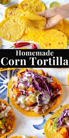 homemade corn tortillas with shredded cabbage on top