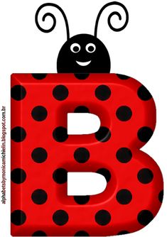 the letter b with a ladybug on it's back and black dots