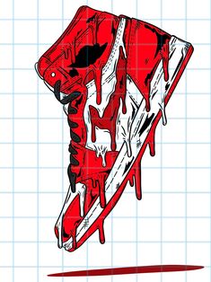 a drawing of a red shoe with dripping paint on the bottom and upper part of it