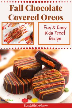 chocolate covered oreos on a white plate with text overlay that reads fall chocolate covered oreos fun and easy kids treat recipe