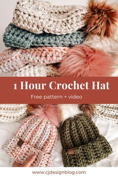 crochet hats with text overlay that reads, 1 hour crochet hat free pattern + video