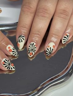 Festival Nail Art Designs, Cute Mexico Nails, Nail Designs No Charms, Breakfast Nail Art, Hozier Nails Ideas, Folk Nail Art, Bauhaus Nails, Cute Boho Nails, Marigold Nails