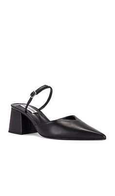 Find STEVE MADDEN Courtnie Sling Back In Black on Editorialist. Steve Madden Courtnie Sling Back in Black. - size 10 (also in 11, 6, 6.5, 7, 7.5, 8, 8.5, 9, 9.5) Steve Madden Courtnie Sling Back in Black. - size 10 (also in 11, 6, 6.5, 7, 7.5, 8, 8.5, 9, 9.5) Leather upper with manmade sole. Made in China. Slip-on styling with adjustable strap at forefoot. Faux leather footbed and lining. Pointed toe with block heel. Approx 65mm/ 2.5 inch heel. SMAD-WZ1273. COURTNIE. The effortless west coast vi Sleek Black Slingback Pumps For Spring, Black Slingback Pumps For Night Out In Spring, Steve Madden Black Heels, Steve Madden Pumps, Work Fits, Back In Black, Black Leather Shoes, Confident Woman, 5 Inch Heels