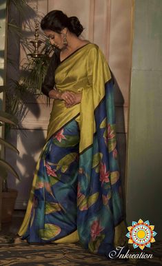 "Hiand Acid paint Exclusive Sari with blouse piece hand painted Saree by an Artisan. Pure Silk Sari. Theme is \"Lily in a pond\" by Acid hand paint." Luxury Art Silk Saree For Puja, Floral Sari, Hand Painted Saree, Painted Saree, Kantha Sari, Hand Painted Sarees, Madhubani Painting, A Pond, Silk Sari