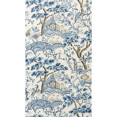 a blue and white wallpaper with birds, flowers and trees in the background is shown