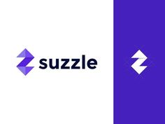 the logo for suzzle is shown in purple and white, with an arrow pointing up to