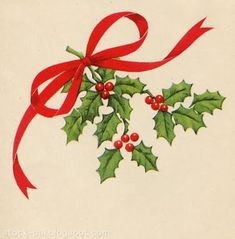 an old fashioned christmas card with holly and red ribbon