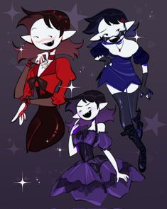 three cartoon characters are dressed up as witches