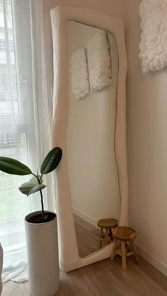 a large white mirror sitting next to a plant in a vase on top of a wooden floor