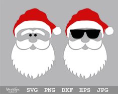 two santa clauss wearing sunglasses and hats with the words svg png dxf