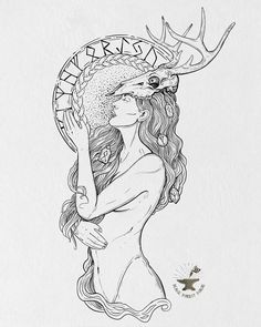 a black and white drawing of a woman with deer antlers on her head