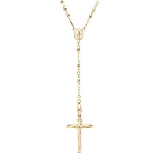 This rosary necklace is a beautiful expression of your beliefs. Created in 14K gold, this choice features a rosary with diamond-cut beaded stations set in a traditional pattern along a cable chain. Polished to a bright shine, this design measures 18.0 inches in length and secures with a lobster claw clasp. Elegant Jewelry With Miraculous Medal And Round Beads, Gold Beaded Chain Rosary As Gift, Gold Rosary With Beaded Chain, Elegant Adjustable Gold Rosary, Elegant Yellow Gold Rosary With Crucifix, Gold Beaded Crucifix Rosary, Yellow Gold Rosary With Round Beads, Rosary Necklace, Jewelry Inspo