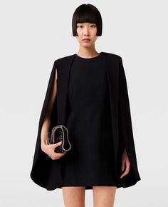 Black Dress With Cape, Black Cape Dress, Boy Outerwear, Pitch Black, Short Denim Skirt, Mini Dress Fashion, Knitwear Dress, Cape Dress, Back Women