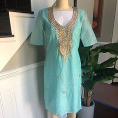 Dress Up With A Long Skirt And Big Earrings Or Dress Down With Tights. Perfect For Many Occasions Festive Turquoise Sets For Summer, Blue Short Sleeve Party Set, Festive Blue Short Sleeve Sets, Lavender Pants, Pakistani Kurta, Indian Anarkali, Kurta Dress, Embroidered Pants, Indian Bridal Wear