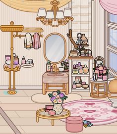 a room filled with furniture and lots of clutter on top of a pink rug