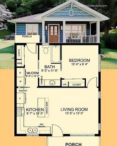 the floor plan for a small house with an attached porch