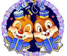 two cartoon chipmuns are standing next to each other in front of a wreath