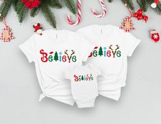 "Our handmade Matching Christmas Shirts will be the perfect choice for your family vacations, graduations or birthday & wedding parties. You will be the star of the day with the quality, very soft fabric we use, in our Christmas Matching Onesies, our modern designs and color options. You can get our Believe Shirts in 7 different colors and sizes from XS to 5XL. Christmas Believe Tee is also available in sizes from from baby onesies to 1/2years - 12/14 years old for your children. Please see White T-shirt For Holiday Gift, White Holiday T-shirt Gift, Customizable White Tops For Holiday, White Holiday Gift T-shirt, White T-shirt As Holiday Gift, Festive Family Matching T-shirt For Holidays, Customizable Short Sleeve Christmas Tops, Holiday White Pre-shrunk T-shirt, Customizable White Christmas Tops