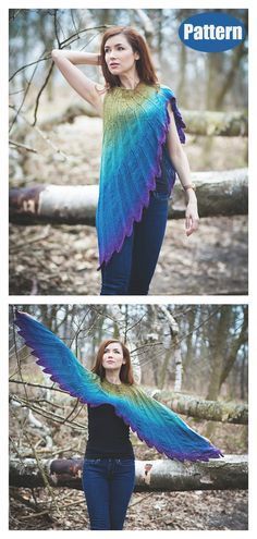 two pictures of a woman with blue and green wings in the woods, one is holding her hand on her hip