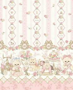 a pink and white wallpaper with teddy bears on the table next to other stuffed animals