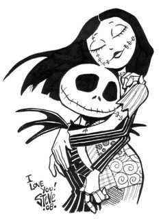 a drawing of jack and sally hugging each other