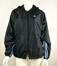 Vintage ADIDAS Women's Size M Black/Blue Cinched Hooded Running Windbreaker Condition: Pre-owned Brand: Adidas Color: Black, Light Blue Tag Size: M Material Shell/Body/Lining: 100% Polyester Arm Lining: 100% Nylon Approximate Measurements: (lying flat, zipped) Bust: 22" Length: 26" Sleeve: 29" (from hood) Comments: Jacket is in excellent pre-owned condition with no rips/holes/stains. No visible signs of wear. Two front adjustable, corded, cinch pockets. Non-removable hood. Light and breathable w Black Athleisure Hooded Jacket For Workout, Black Sports Windbreaker With Adjustable Hood, Black Sportswear Windbreaker With Drawstring Hood, Black Sportswear Hooded Workout Jacket, Black Sportswear Hooded Jacket For Workout, Black Activewear With Drawstring Hood For Outdoor Activities, Black Activewear With Drawstring Hood For Outdoor, Black Activewear With Drawstring Hood, Black Windbreaker With Adjustable Hood For Sports