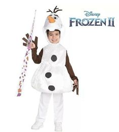 a child in a frozen 2 costume holding a wand and wearing a snowman hat