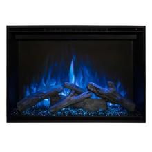 an electric fireplace with blue flames and logs