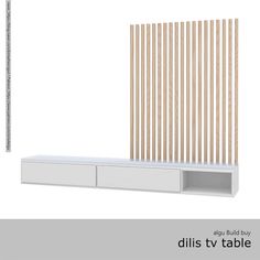 a white shelf with wooden slats on it and the words dits tv table below