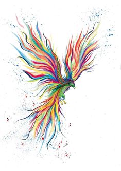 a colorful bird flying through the air with watercolor paint splatters on it