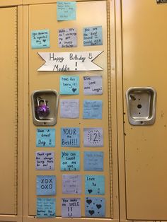 two lockers with sticky notes attached to them