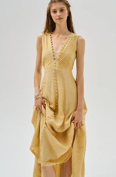 Unique Maxi Dresses, Maxi Dress V Neck, Maxi Linen Dress, Button Down Maxi Dress, Cocktail Dress Elegant, Linen Fashion, Linen Maxi Dress, Cape Coat, Pleated Maxi